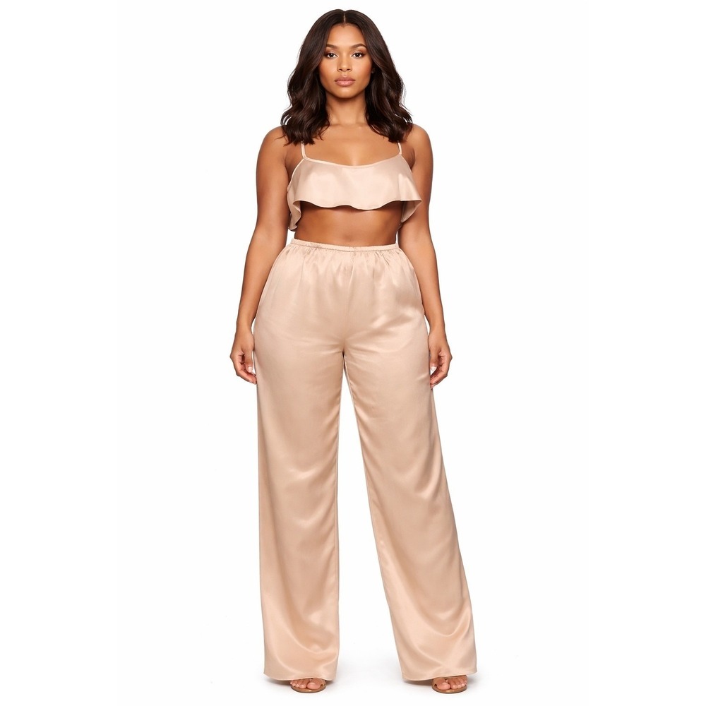 SKIMS Woven Shine Cami + Lounge Pants Set Pink Sand Womens 2X